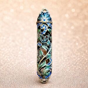 Ornate Enamel Mezuzah – Blue & Green Floral Design with Shin – Judaica Home